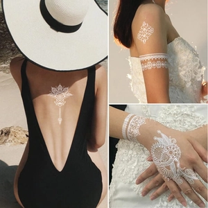 White lace temporary tattoo stickers with mandala and floral henna designs for skin