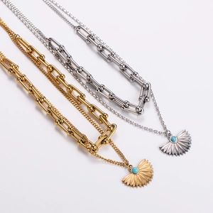 Layered Necklace Stainless Steel Fan Pendant Turquoise Industrial U-Link Chain Jewelry For Women
