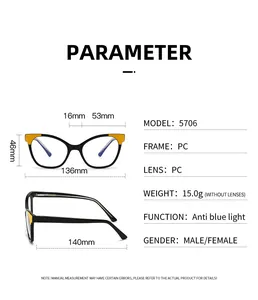 Detailed sizing chart and specifications for blue light blocking glasses model 5706