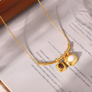 French retro 18k gold plated necklace with asymmetric white and brown square pendants