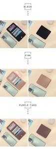 Three RFID leather wallets in black, pink, and purple shown open and closed on a desk