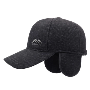 Deep grey winter baseball cap for men with warm ear flaps and thick wool texture
