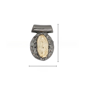 Detail of 13.5mm oval Virgin Mary religious pendant with gold relief in black frame