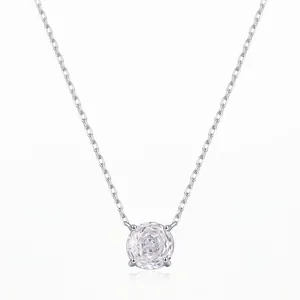 Solitaire Pendant Necklace 925 Sterling Silver Round Clear Cubic Zirconia Minimalist Elegant Jewelry Gift For Women
