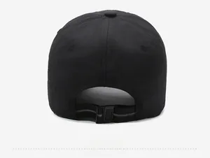 Rear view of black quick-dry baseball cap featuring adjustable buckle and nylon strap