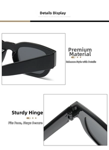 Détail des charnières en métal et des branches renforcées sur lunettes noires carrées