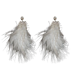 Elegant long fringe feather earrings with sparkling rhinestones for party wear