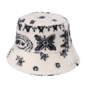 Winter paisley butterfly faux lamb wool bucket hat in white and black for cold weather