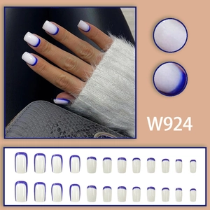 French tip press-on nails in white and blue Morandi tones, square round shape full set