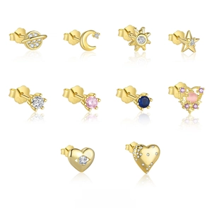 Detailed grid of S925 silver stud earrings with heart, star and moon designs in gold finish