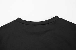 Detailed view of the round neckline with fine stitching on this black long sleeve dress