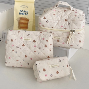 Three-piece quilted cotton makeup bags with cute cartoon bear and donut prints