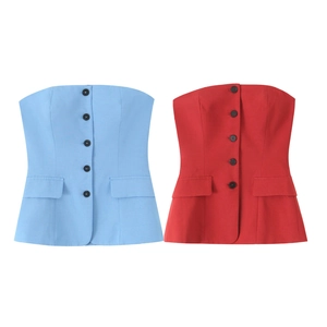 Women's tube top set in sky blue and red featuring single-breasted button design