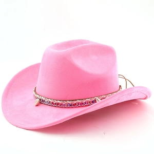 Pink suede cowboy hat detail featuring ethnic braided band and white shell accents