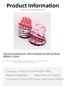 Pink bucket hat detail showing size parameters 58cm circumference and 90g weight