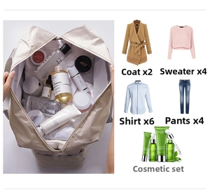 Detail view of large travel bag capacity showing space for coats, sweaters, and shirts