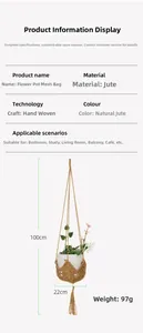 Handwoven hemp plant hanger specifications with dimensions 100cm height and 22cm width
