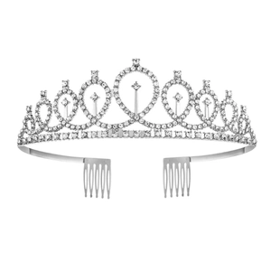 Detailed view of silver birthday tiara featuring crystal rhinestones and fixing combs