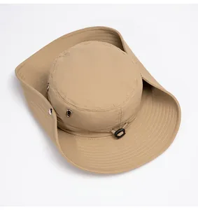 Top view of khaki wide brim sun hat showing metal eyelets and adjustable cord