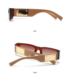 Detailed side and back views of caramel brown sunglasses with golden metal accents