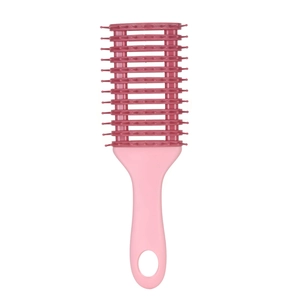 Detailed close-up of a pink vented curved hairbrush for detangling and scalp massage
