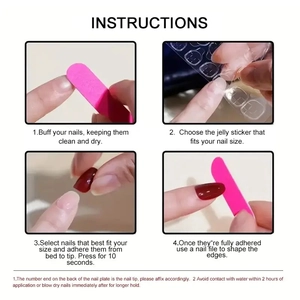 Step-by-step instructions for applying press-on nails with adhesive tabs in 4 clear stages