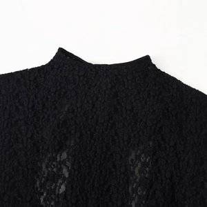 Black satin bodysuit featuring a lace bow and textured mock neck design for women