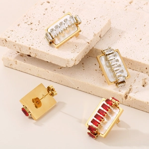 Rectangle gold titanium steel earrings with zircon inlay and mother of pearl accents