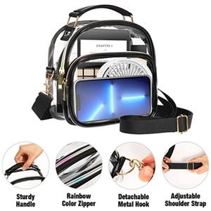 Detail of transparent crossbody bag featuring sturdy handle and rainbow color zipper
