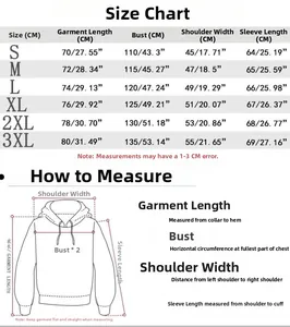 Detailed size chart for men's hooded sweatshirt from S to 3XL with measurements