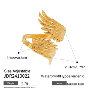 Adjustable golden stainless steel angel wing ring featuring waterproof and hypoallergenic properties