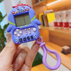 Mini purple monster handheld game console keychain with BOSS design and functional buttons