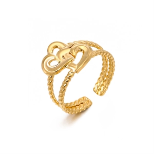 Golden double heart overlapping ring with twisted band and open adjustable design
