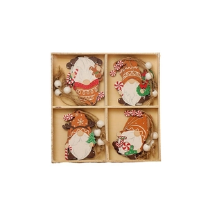 12-piece wooden Christmas gnome hanging ornaments in a rustic gift box with white beads