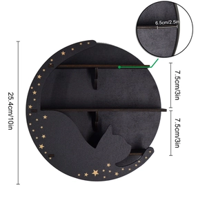 Detailed dimensions of round black wooden boho shelf with cat and moon silhouette