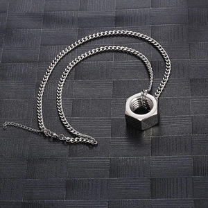 Industrial style silver nut pendant necklace with titanium steel chain for men and women