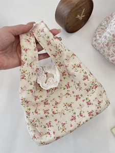 Floral canvas handbag with lace trim edge and fresh Japanese style print design