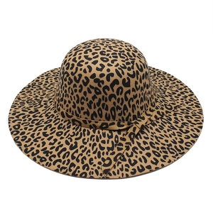 Classic wide brim leopard print fedora hat with matching patterned decorative band