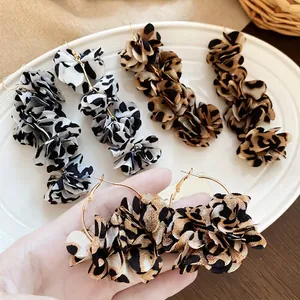 Leopard Print Fabric Flower Drop Earrings With 925 Sterling Silver Earring Post Bohemian Long Tassel Dangle Statement