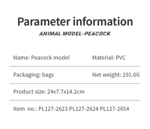 Detailed specifications table for PVC peacock model showing dimensions and weight