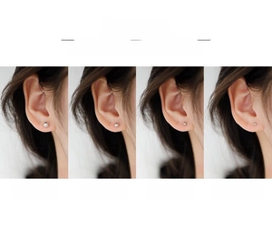 Size comparison chart showing 2.5mm to 5mm diameter silver ball stud earrings on ears