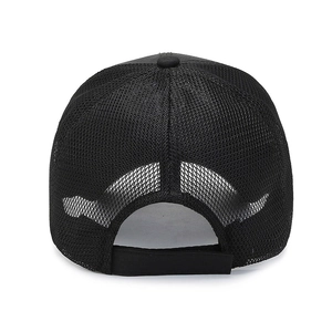 Rear view of black breathable mesh trucker hat with adjustable velcro strap closure