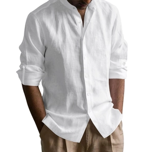 Detailed close-up of white linen shirt texture with mandarin collar and button placket