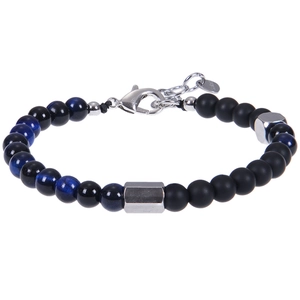 Close-up of 6mm blue tiger eye and matte black beads with steel clasp for the bracelet