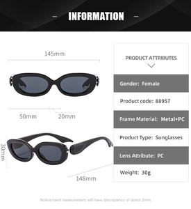 Detailed size chart for oval sunglasses featuring dimensions 145mm width and 30mm height