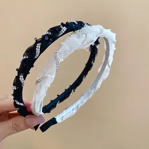 Elegant rhinestone and mesh headband in black and white styles for women's hair styling