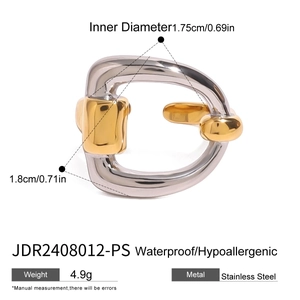 Polished two-tone stainless steel ring with 18k gold plating details and measurements