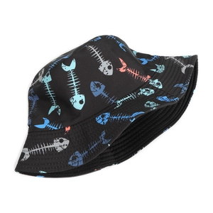 Close-up of black bucket hat with colorful fishbone print and parallel stitching detail