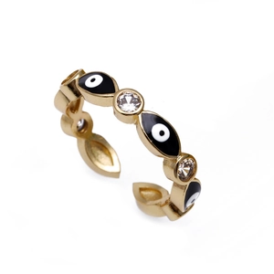 Adjustable evil eye ring with white cubic zirconia in gold plated copper finish