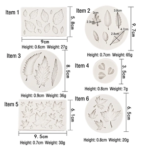 Set of 6 leaf-shaped silicone molds for cake decorating and DIY crafts with measurements